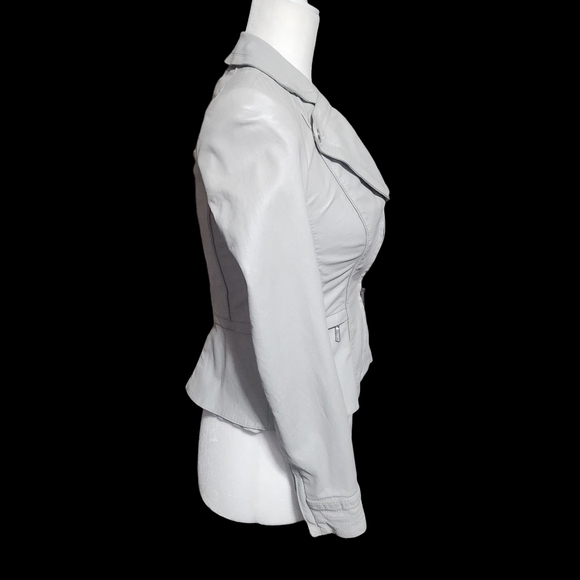 White House Black Market Gray Leather Moto Jacket with Zipper Diamond Detail - Picture 3 of 16